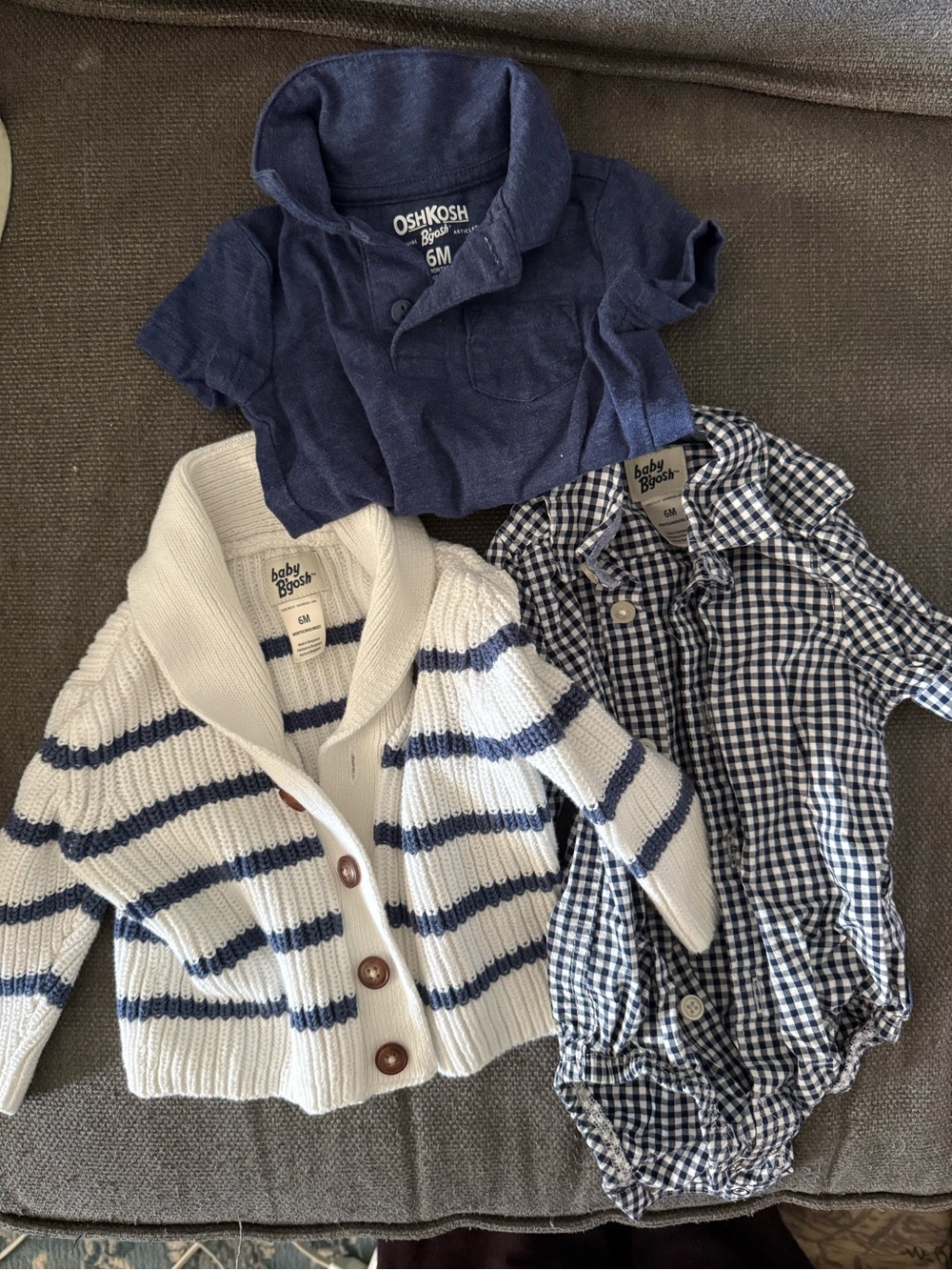 OshKosh B'gosh Navy Polo, Navy-White Striped Cardigan & Navy Gingham Romper Set